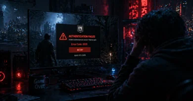 DBD Error Code 8028 Epic Games showing authentication failure screen with gaming setup and warning overlay