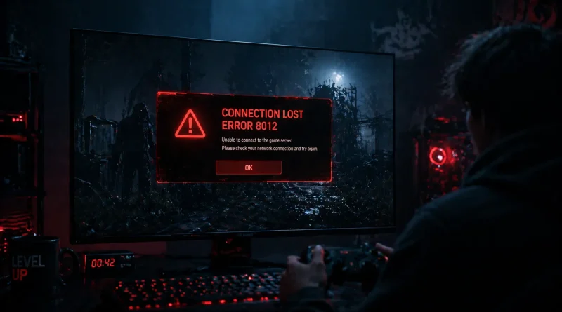 Dead by Daylight error code 8012 connection failure shown on gaming screen with foggy horror atmosphere and frustrated gamer