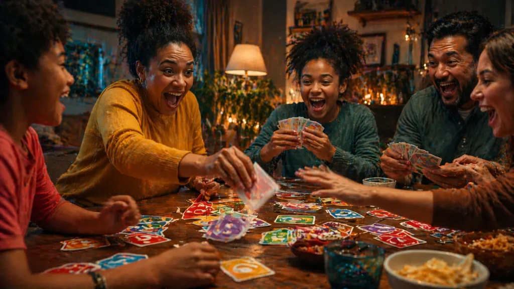 Family laughing and reacting during fast-paced card game night with energetic and playful atmosphere