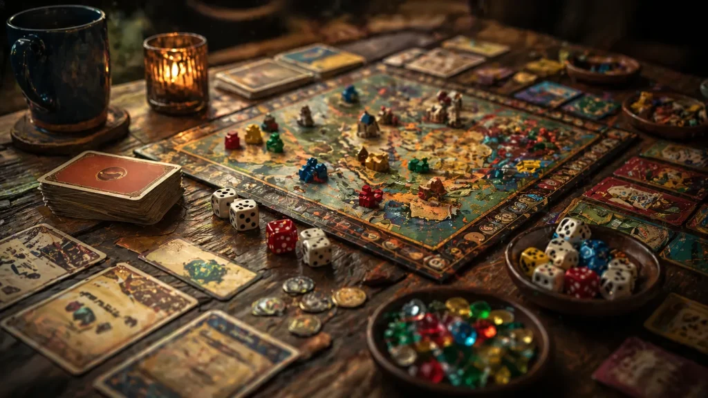 Classic board games on a table including dice, cards, and strategy pieces in warm nostalgic lighting