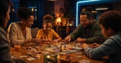 Modern family enjoying board games together at night with warm cinematic lighting and cozy atmosphere