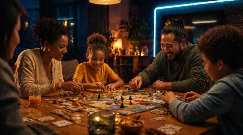 Modern family enjoying board games together at night with warm cinematic lighting and cozy atmosphere