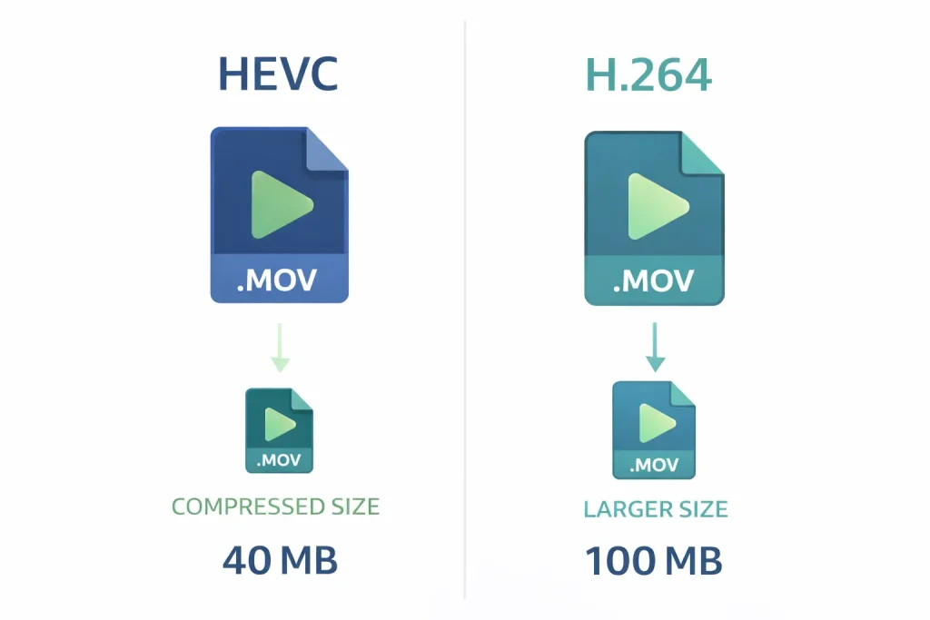hevc vs h264 iphone video size comparison showing smaller file size with HEVC