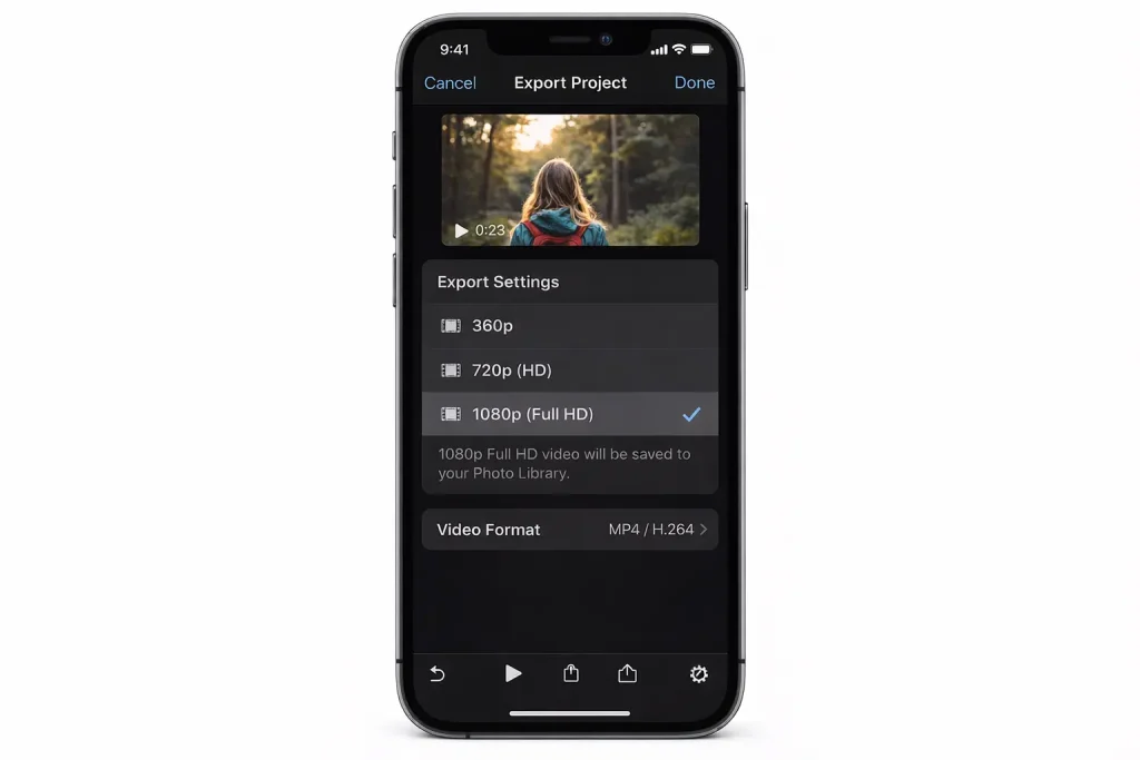 imovie export settings to compress video on iphone with 360p 720p 1080p options