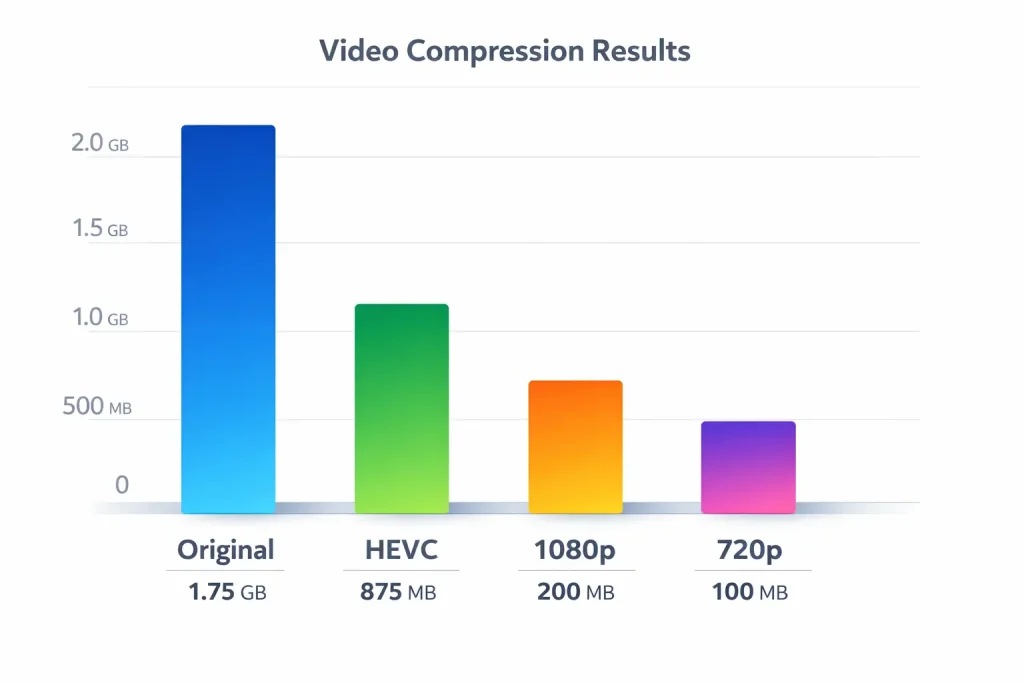 video compression size reduction iphone chart comparing original hevc 1080p and 720p