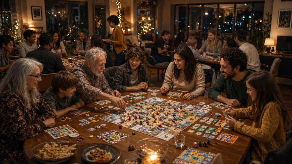 Large family gathering enjoying lively board game night with laughter and group interaction