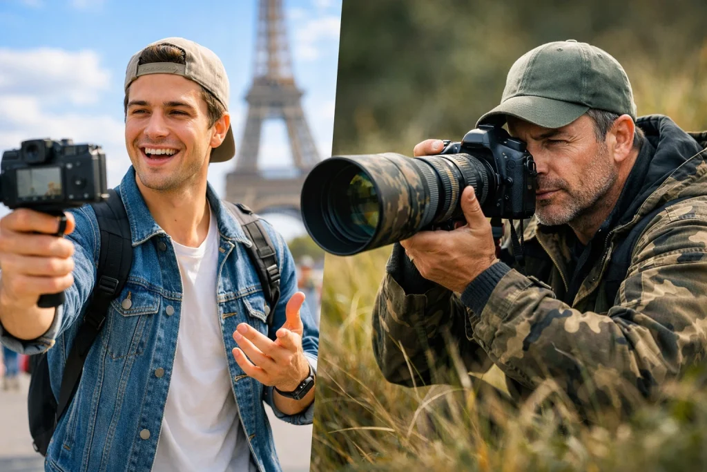 Split scene showing a travel content creator using a mirrorless camera outdoors and a professional photographer using a DSLR for wildlife or event photography in a studio-style composition