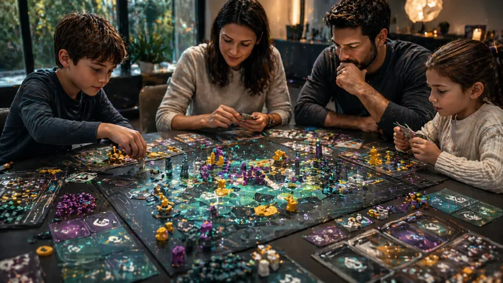 Family engaged in strategic modern board games with colorful tiles and thoughtful gameplay
