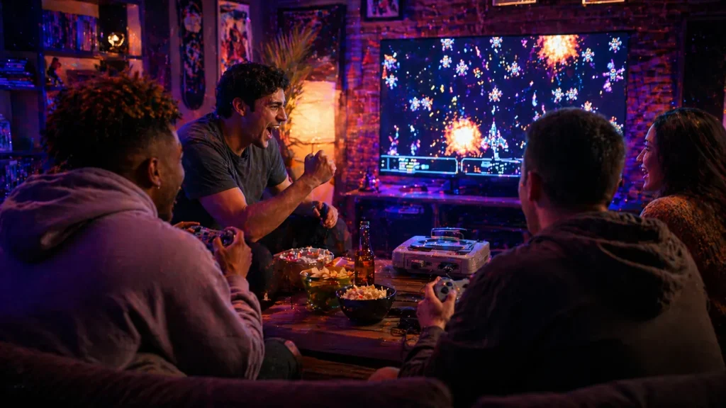 Retro-inspired couch multiplayer gaming scene with friends enjoying classic arcade-style competition
