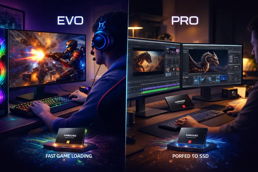 Split scene showing gaming PC using SSD EVO for fast game loading on one side and professional workstation using SSD PRO for video editing and 3D rendering on the other side