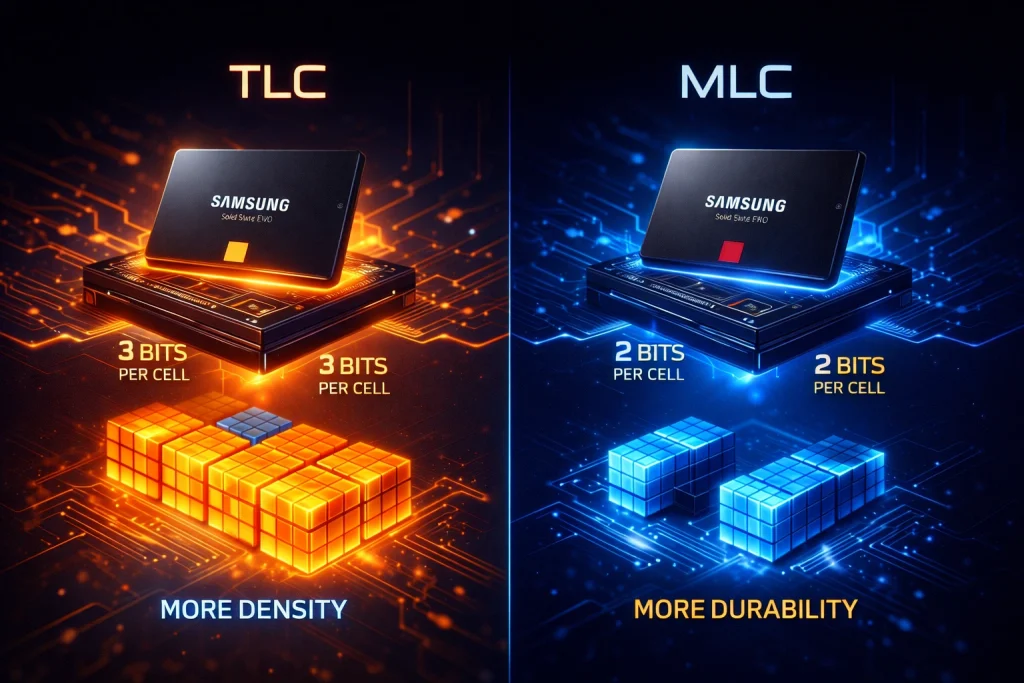 Technical infographic comparing SSD EVO with TLC NAND memory and SSD PRO with MLC NAND memory showing differences in durability, speed, and data storage density