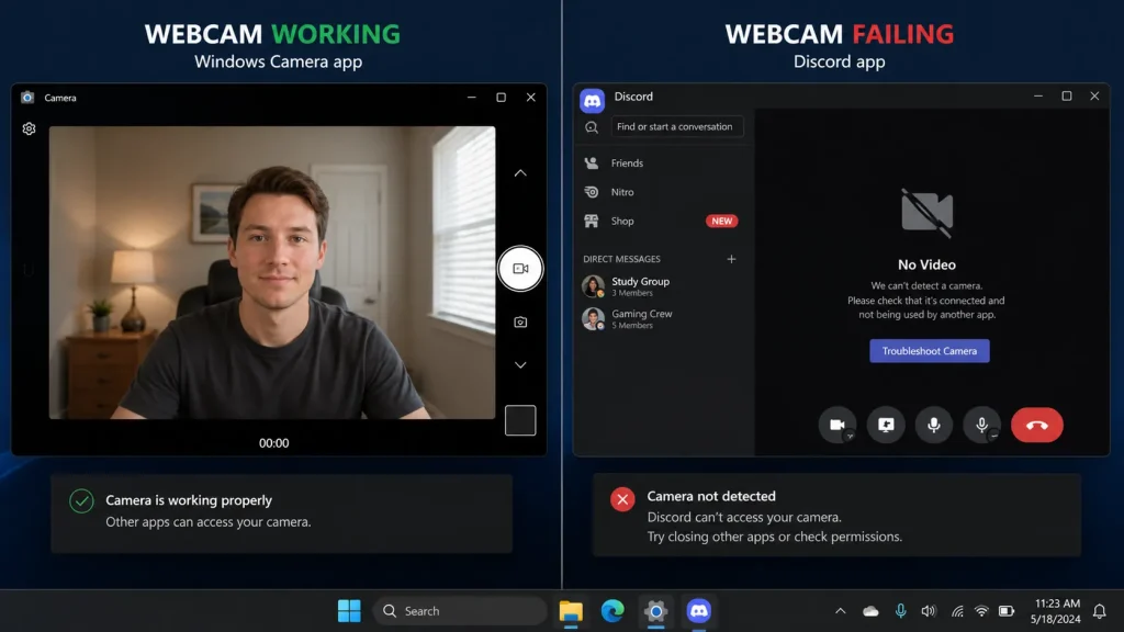 Test webcam in another app to diagnose Discord error 2012