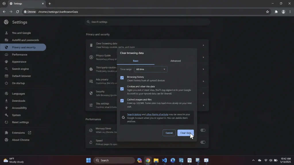 Clearing browser cache to fix streaming error 233 001