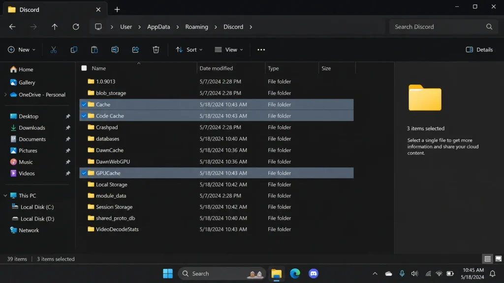 Delete Discord cache folders to fix camera error 2012