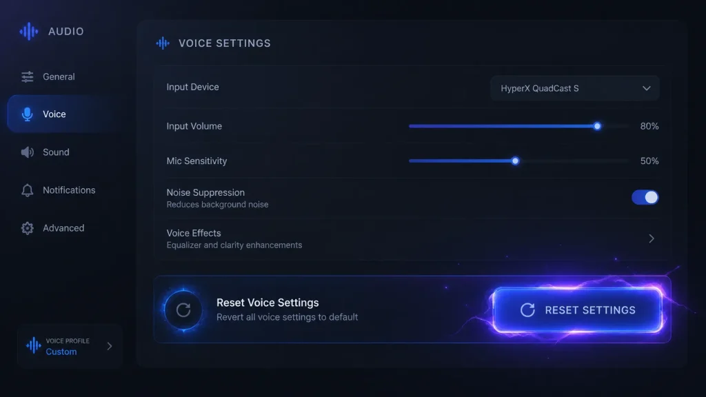 Reset voice settings button in Discord