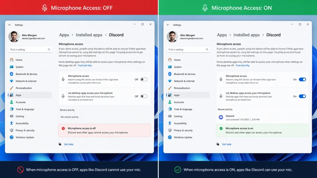 Enable microphone access for Discord in Windows settings