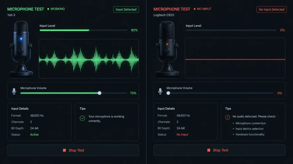 Test microphone working vs not working comparison