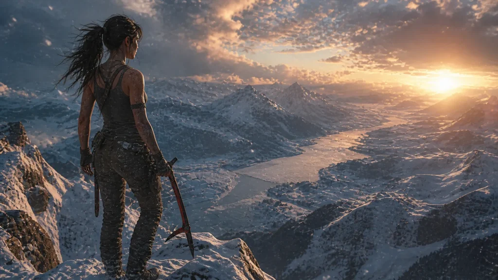 Rise of the Tomb Raider snowy mountain exploration cinematic scene