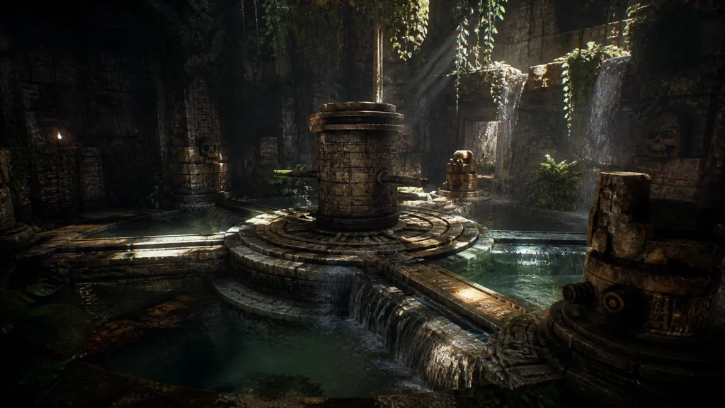 Shadow of the Tomb Raider style jungle temple puzzle environment