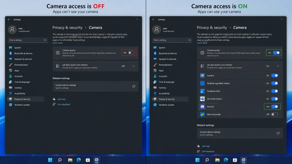 Enable camera permissions for Discord in Windows settings